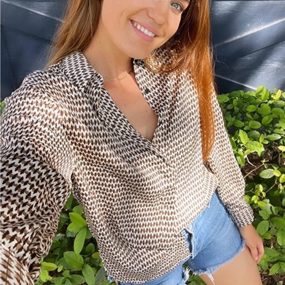 Satin All Over Print Button Down Shirt Oversized Tan Beige Brown Multicolor - Picture 14 of 16